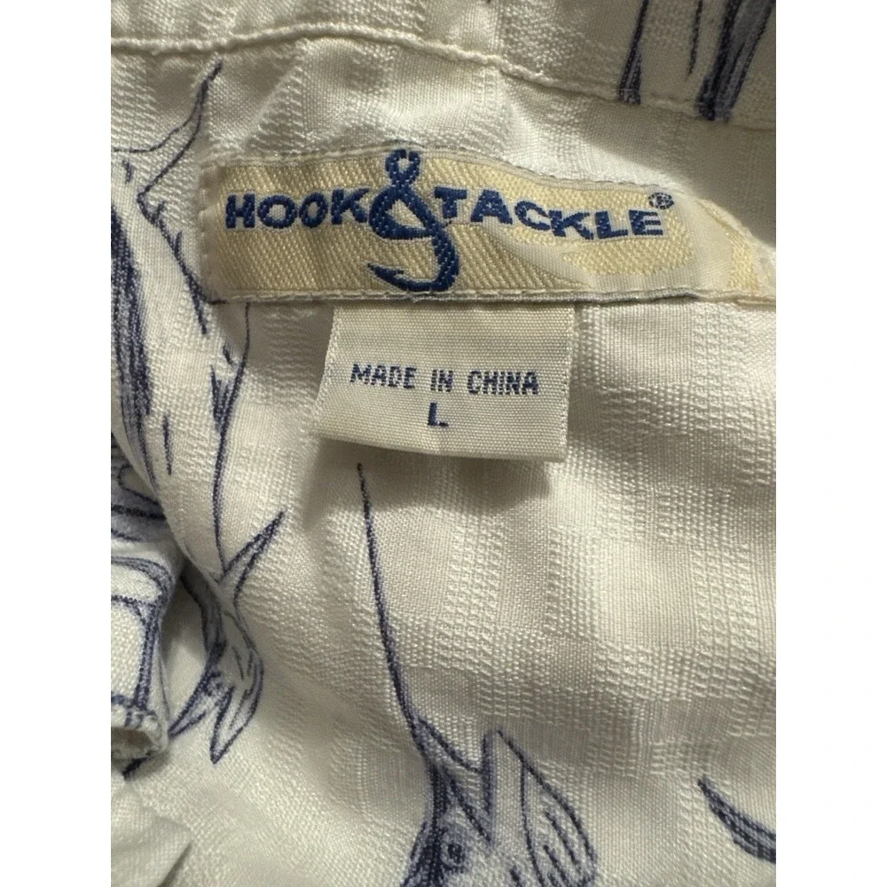 Vintage Hook‎ & Tackle Marlin Fishing Shirt Men's L Silk Cotton Blend